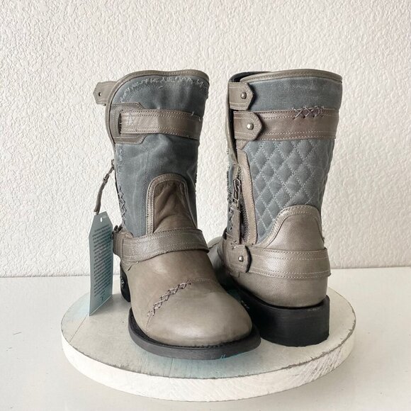 Lane Boots Women’s Gray Leather Canvas Mid-Calf Western Moto Style Zip Size 9 - Picture 1 of 11
